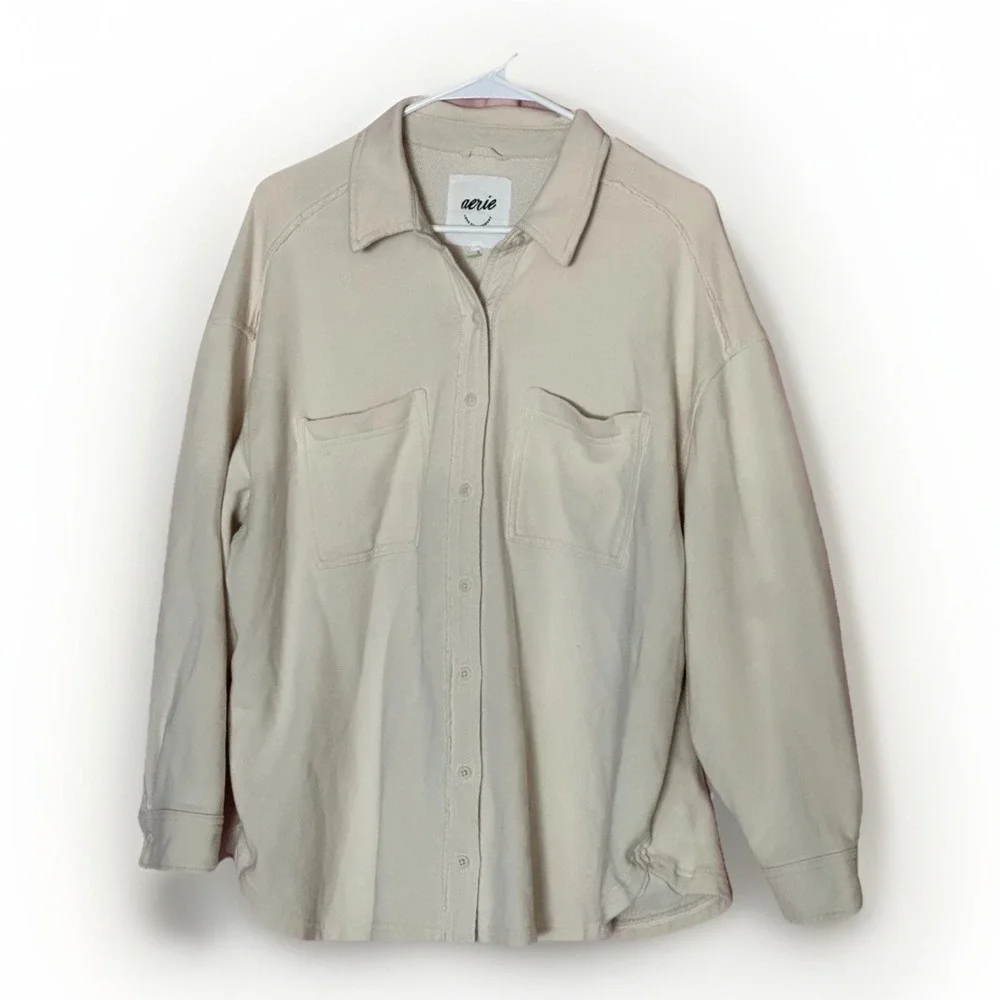 AERIE Women's Cream Waffle Knit Lumberjane Button Down Oversized Shirt Sz Small - Picture 2 of 6